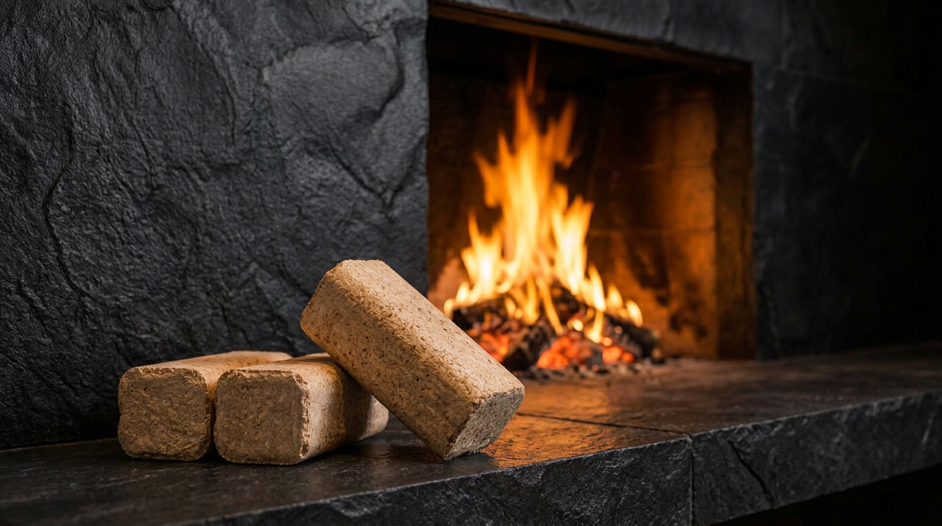 Rounded rectangular wood briquettes resting on a slate hearth beside an open stone fireplace with tall flames