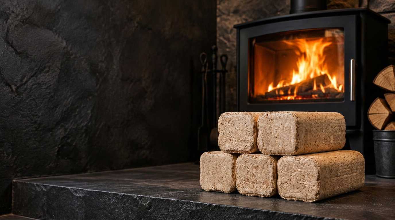 Natural wood briquettes stacked beside a glowing wood-burning stove