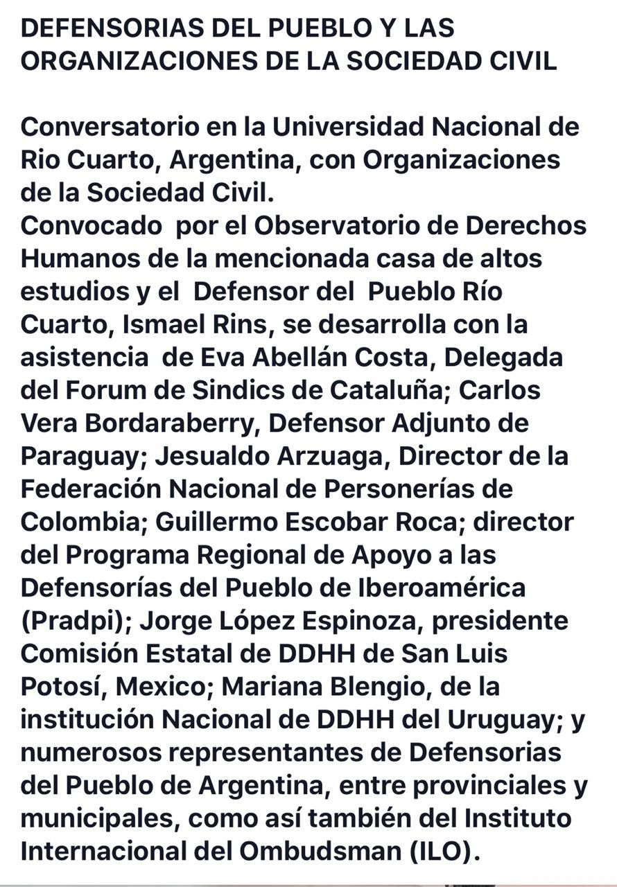 La Defensoría del Pueblo de Lanús se encuentra en la Universidad Nacional de Rio Cuarto participando de Conversatorio con Organizaciones de la Sociedad Civil