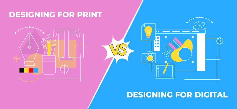 A split image with a pink left side showing tools for print design like pens and text, and a blue right side showing tools for digital design like a computer screen and camera. The text reads 'Designing for Print' on the left and 'Designing for Digital' on the right, with 'VS' in the center.