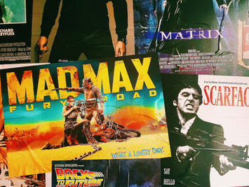 A collage of iconic movie posters including Spectre, Matrix, Mad Max, and Scarface with vivid colors and dramatic action poses.