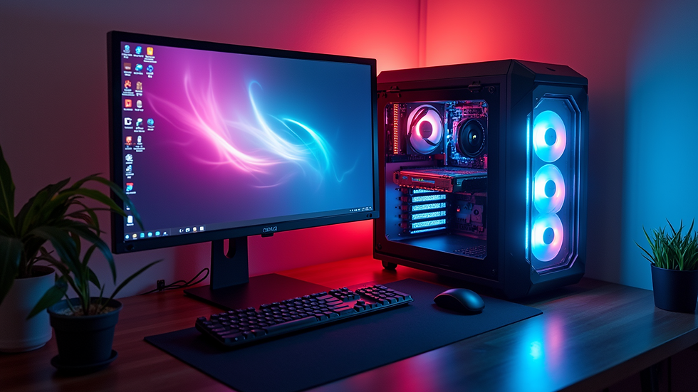 High angle view of a sleek custom PC setup with RGB lighting