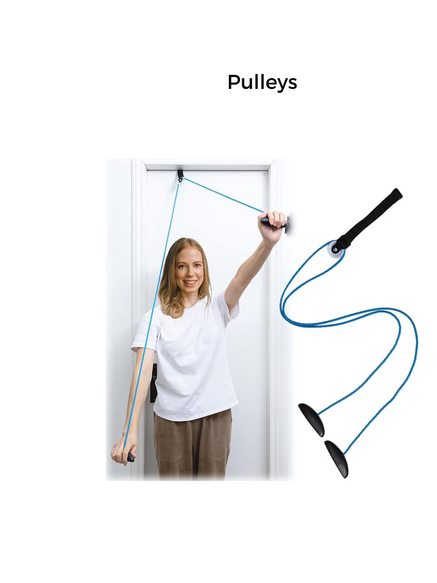 Client using over the door pulleys as exercise since recommended by physical therapists at Joint Effort Movement Center in Charleston, SC.