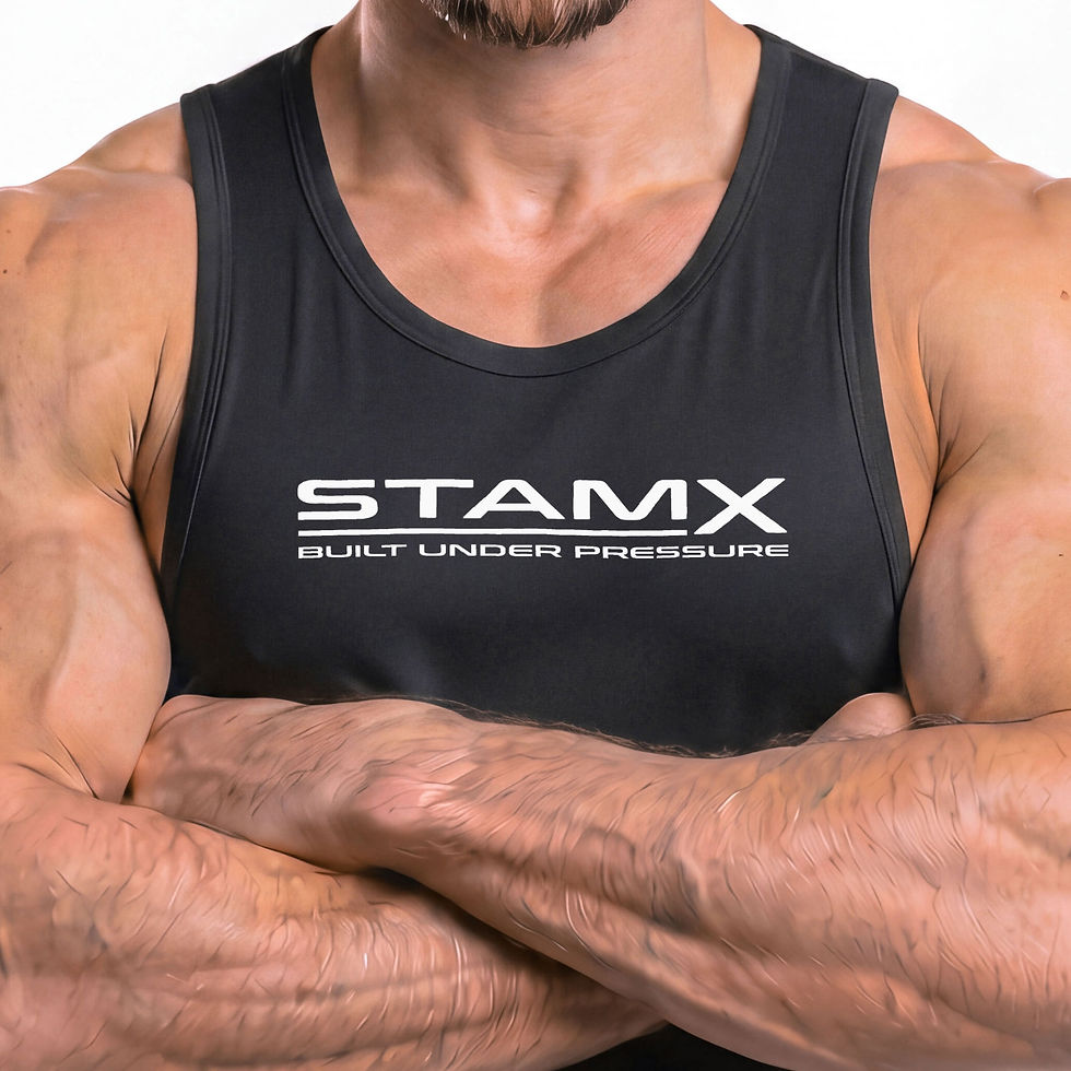 Detailansicht muskulöser Mann im schwarzen Stam Build UNDER PRESSURE Tanktop