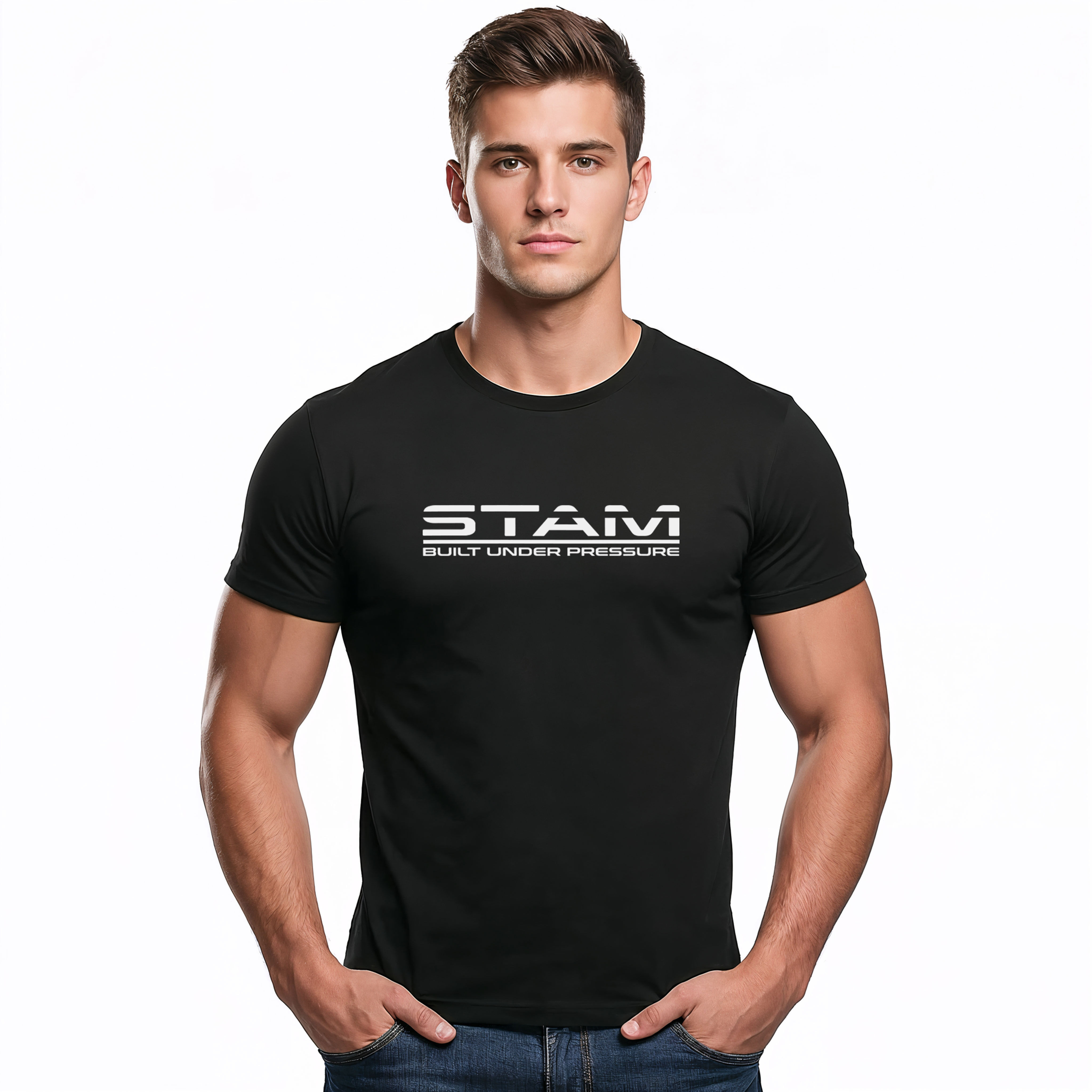 Mann im Slim Fit T-Shirt Logo Built under pressure in schwarz
