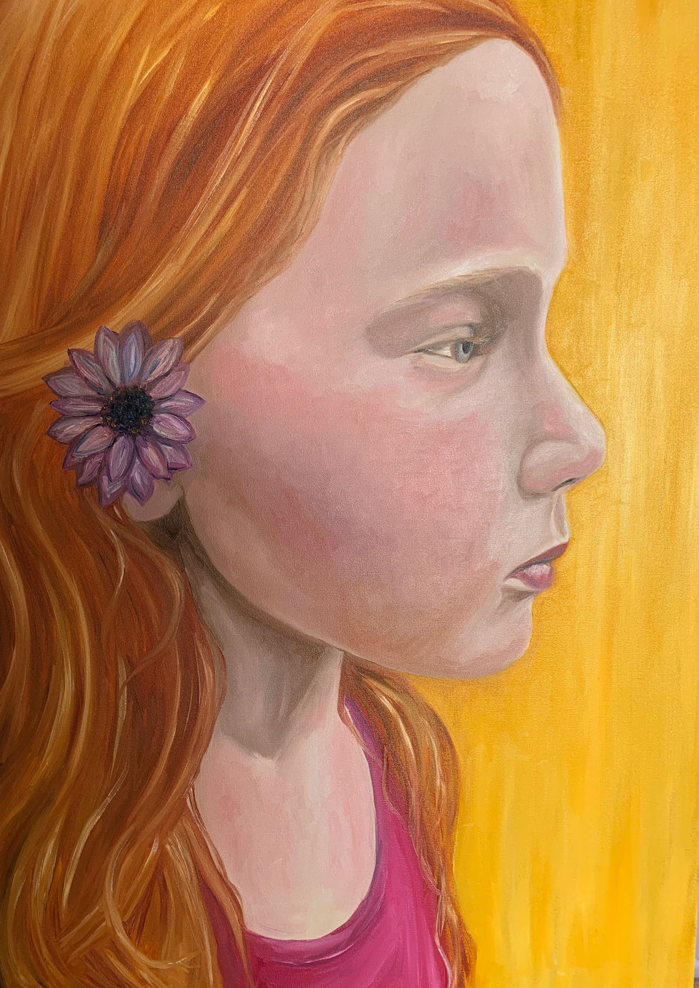 Painting in profile of a young girl with purple flower in her red hair