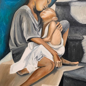 Oil painting of two young homeless Brazilian boys trying to take comfort in each other as they attempt to sleep on a small piece of cardboard
