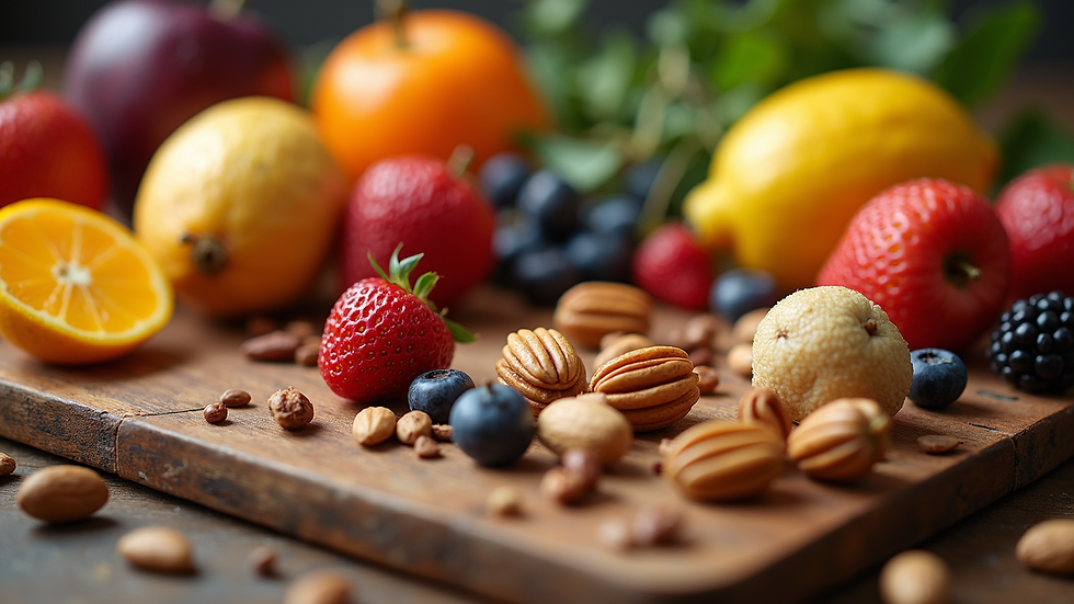 High angle view of colorful fruits and nuts spread on a wooden table