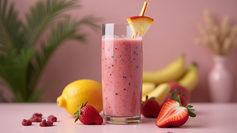 Close-up view of a healthy smoothie in a tall glass with fruits around it