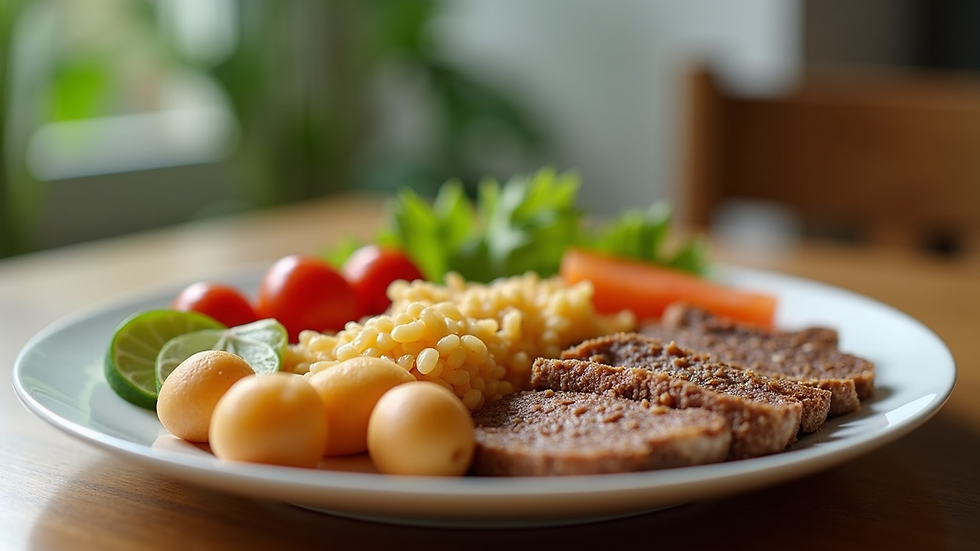 Eye-level view of a balanced meal plate with various food groups