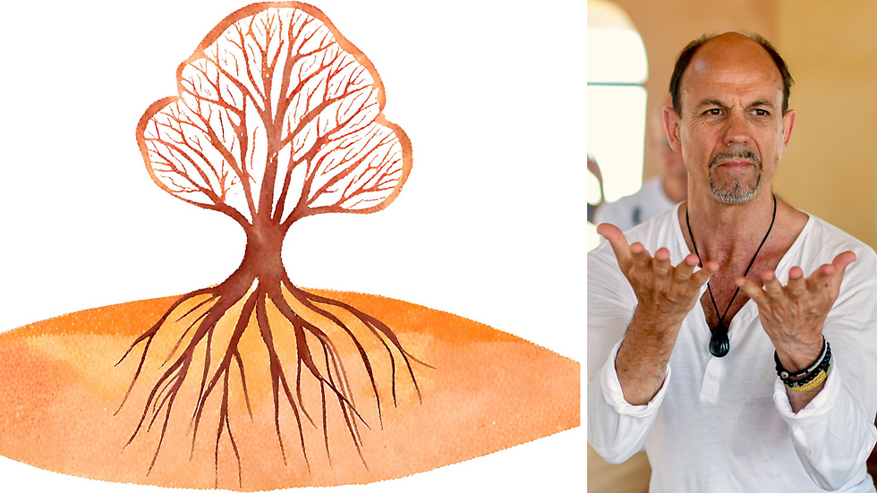 AI generated watercolor tree with many roots going into the ground.