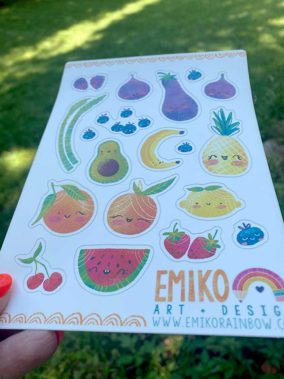 Miniatura: Sticker Sheet - Playful and Bright Colored Whimsical Fruit and Veggie Designs