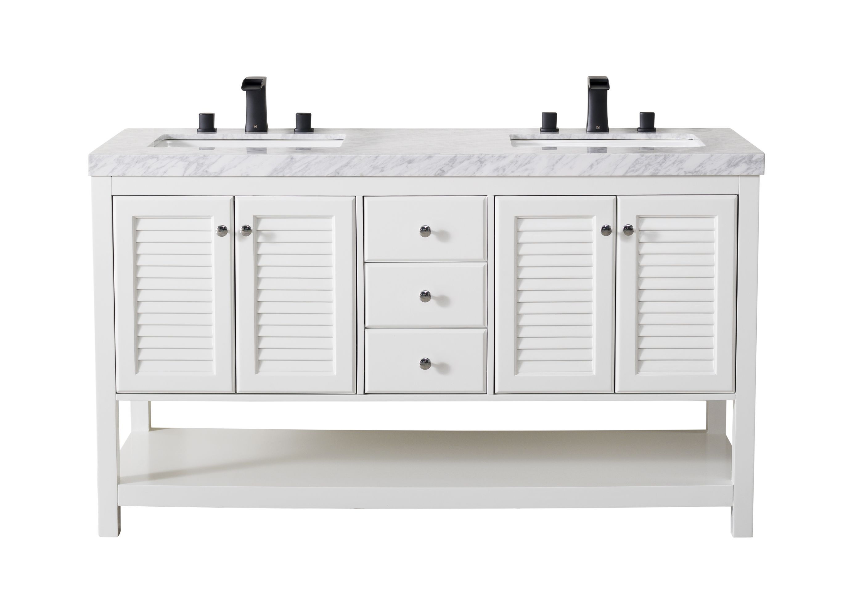 Luthor 60" White Double Sink Vanity with Drains and Faucets in Matte Black