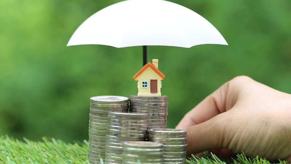 TINY UMBRELLA SHELTERING A MINATURE HOUSE AND STACKS OF COINS