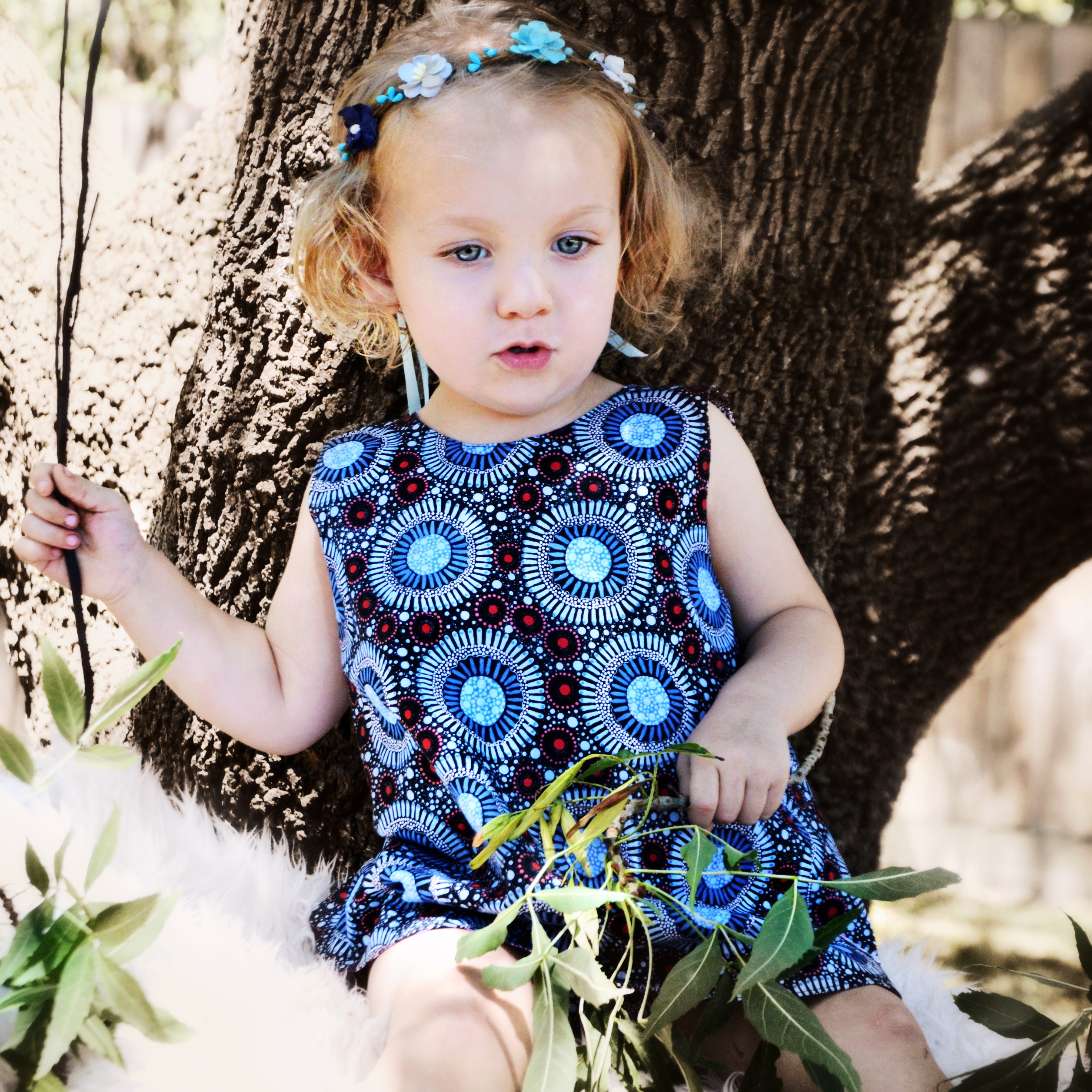 MelyndaMade Handmade Childrens Clothes Indigenous Revrsible Pinny WF Baby Blue