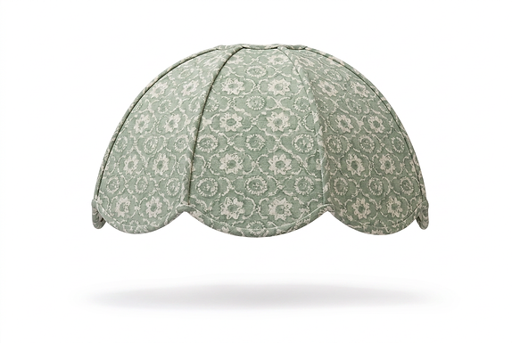 The Delphine, a custom, bespoke, handsewn lampshade in Anna French Holly Trellis Sagel linen fabric, made by Mulberry & Oak Interiors in Edmonton, Alberta, Canada
