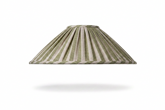 The Vivienne, a custom, bespoke, handsewn lampshade in Peony & Sage Grande Stripe Weathered Green linen fabric, made by Mulberry & Oak Interiors in Edmonton, Alberta, Canada