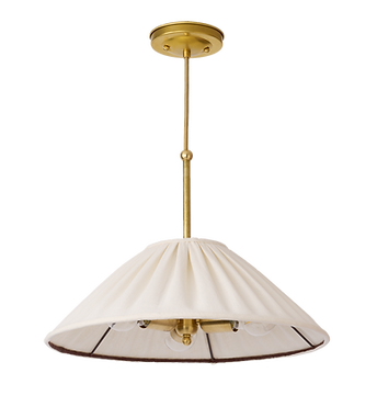 The Honora Trio, a custom, bespoke, solid brass pendant 3-bulb light shown with a handsewn lampshade in Pindler Kravet Dublin Cream linen fabric made by Mulberry & Oak Interiors in Edmonon, Alberta, Canada