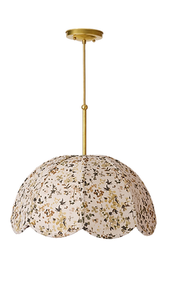 The Honora Pendant, a custom brass pendant light shown with the Delphine, a custom, bespoke, handsewn lampshade in Kelly Ventura Wildflower Field Hazel linen fabric, made by Mulberry & Oak Interiors in Edmonton, Alberta, Canada