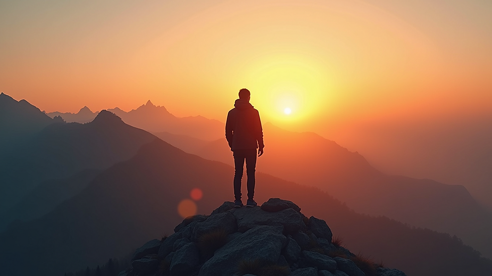 Eye-level view of a person standing on a mountain peak at sunrise, looking toward the horizon