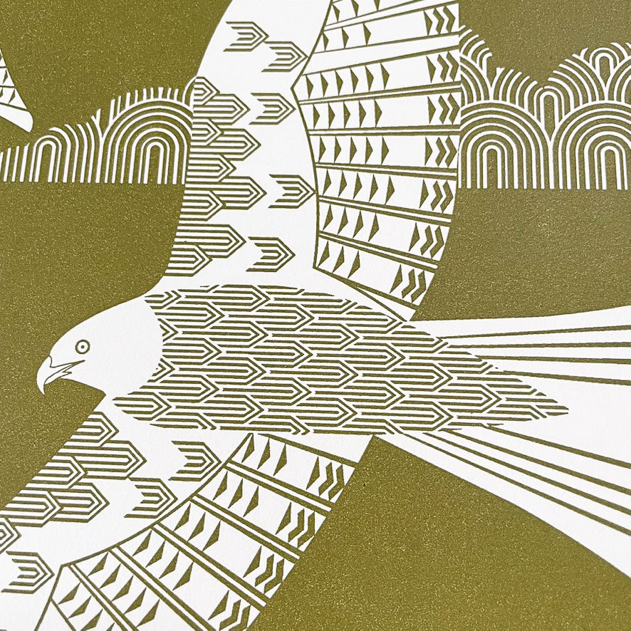 Thumbnail: Red Kites Letterpress Print in Olive & Burnt Orange