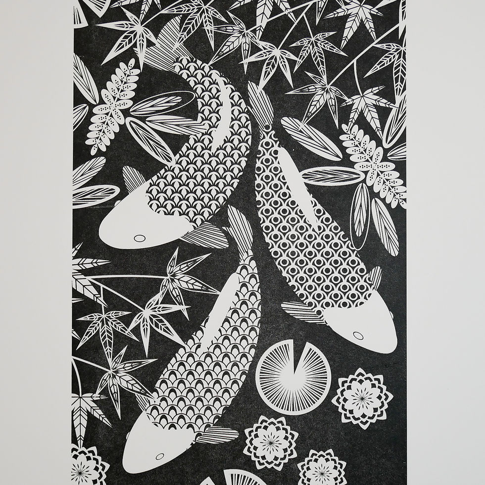 Thumbnail: Koi Fish Swimming Black Letterpress Print