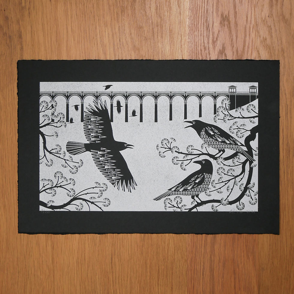 Thumbnail: Crows at the Viaduct Silver on Black Paper Letterpress Print