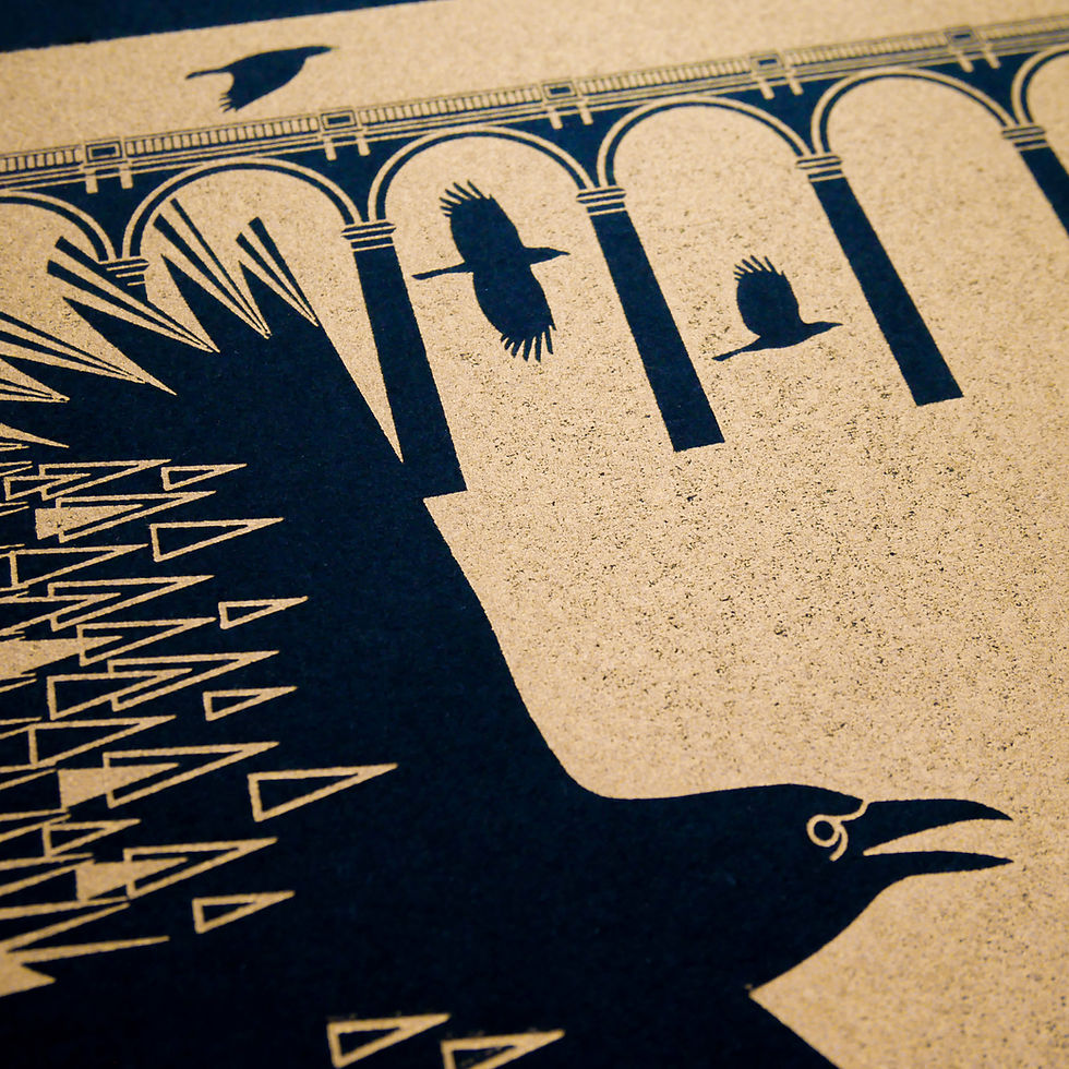 Thumbnail: Crows at the Viaduct Gold on Black Paper Letterpress Print