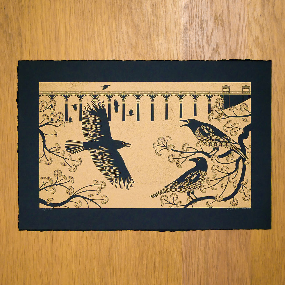 Thumbnail: Crows at the Viaduct Gold on Black Paper Letterpress Print