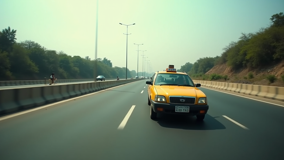 Wide angle view of a taxi cruising on a highway near Vadodara