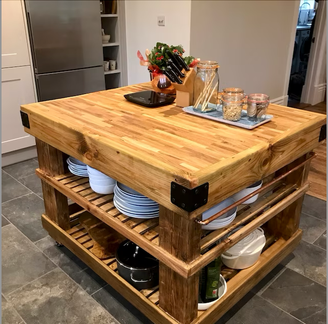 Rustic wooden kitchen island with storage for Etsy reviews.