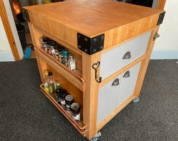 Wood kitchen island with spice rack from our ETSY family.