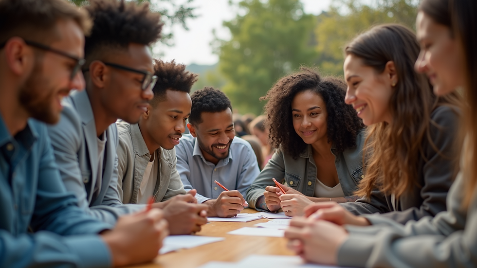 Eye-level view of a group of diverse individuals engaging in a community support event