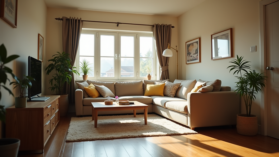 Eye-level view of a cozy living room in a supportive housing environment
