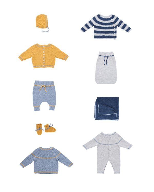 Miniaturbild: Babystrickwaren-Kollektion: Pullover, Strampler, Decke, Mütze, Hose