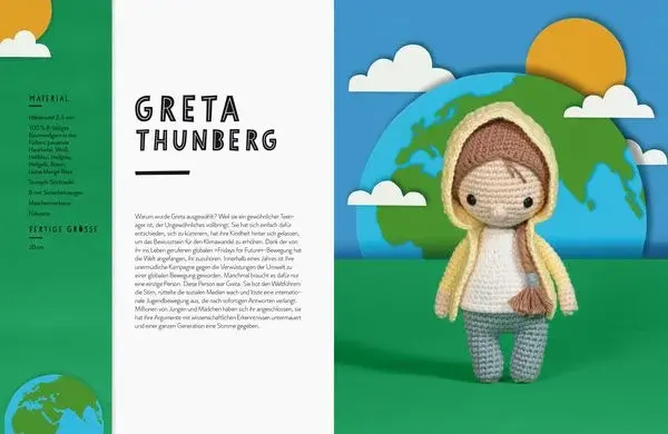 Miniaturbild: Gehäkelte Puppe von Greta Thunberg vor der Erde.
