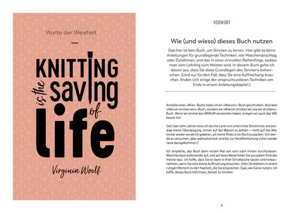 Miniaturbild: Buchseiten mit Zitat KNITTING is the saving of Life.