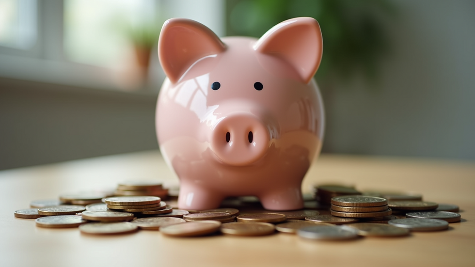 Eye-level view of a piggy bank surrounded by coins