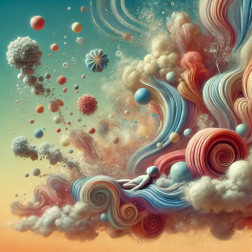 Surreal, dreamlike image with soft, floating shapes in warm pastel tones, conveying relaxation, creativity, and gentle euphoria.