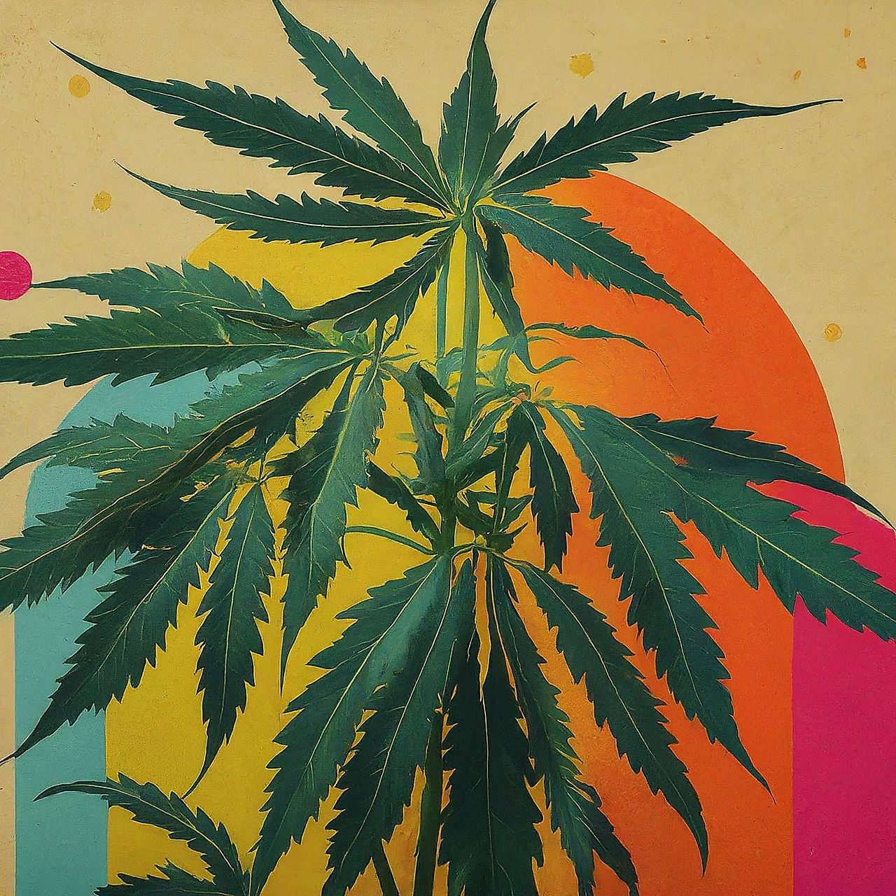 Artwork of a cannabis plant with vibrant green leaves in front of a colorful, retro-inspired rainbow background.