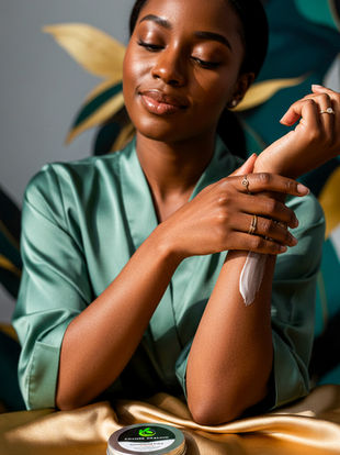 Black woman in a mint green silk robe applying a white transdermal salve to her arm. The background is rich green and gold, lit softly.