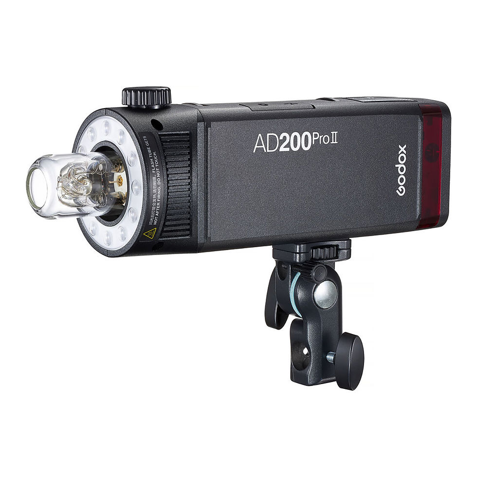 Godox AD200 Pro II portable flash unit, featuring a compact and powerful design with a detachable bulb and a mounting bracket for versatile lighting setups.