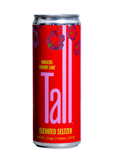 Alt Text: A professional studio product shot of a TALL Hibiscus Cherry Lime Elevated Seltzer can against a clean, solid white background, emphasizing the bold red label with floral hibiscus graphics.