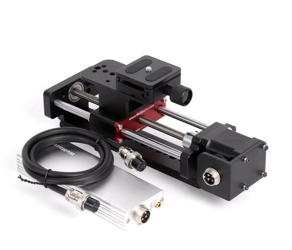 WeMacro automated focus rail, featuring precision components and a control cable, designed for precise incremental adjustments in macro photography.