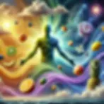 A surrealist depiction of cannabis effects featuring a glowing human figure surrounded by swirling waves of vibrant colors—golden yellow, green, purple, and blue. Floating bananas, oranges, kiwis, and pineapples drift through the scene with clouds and cosmic lights, symbolizing euphoria, relaxation, and creative clarity.