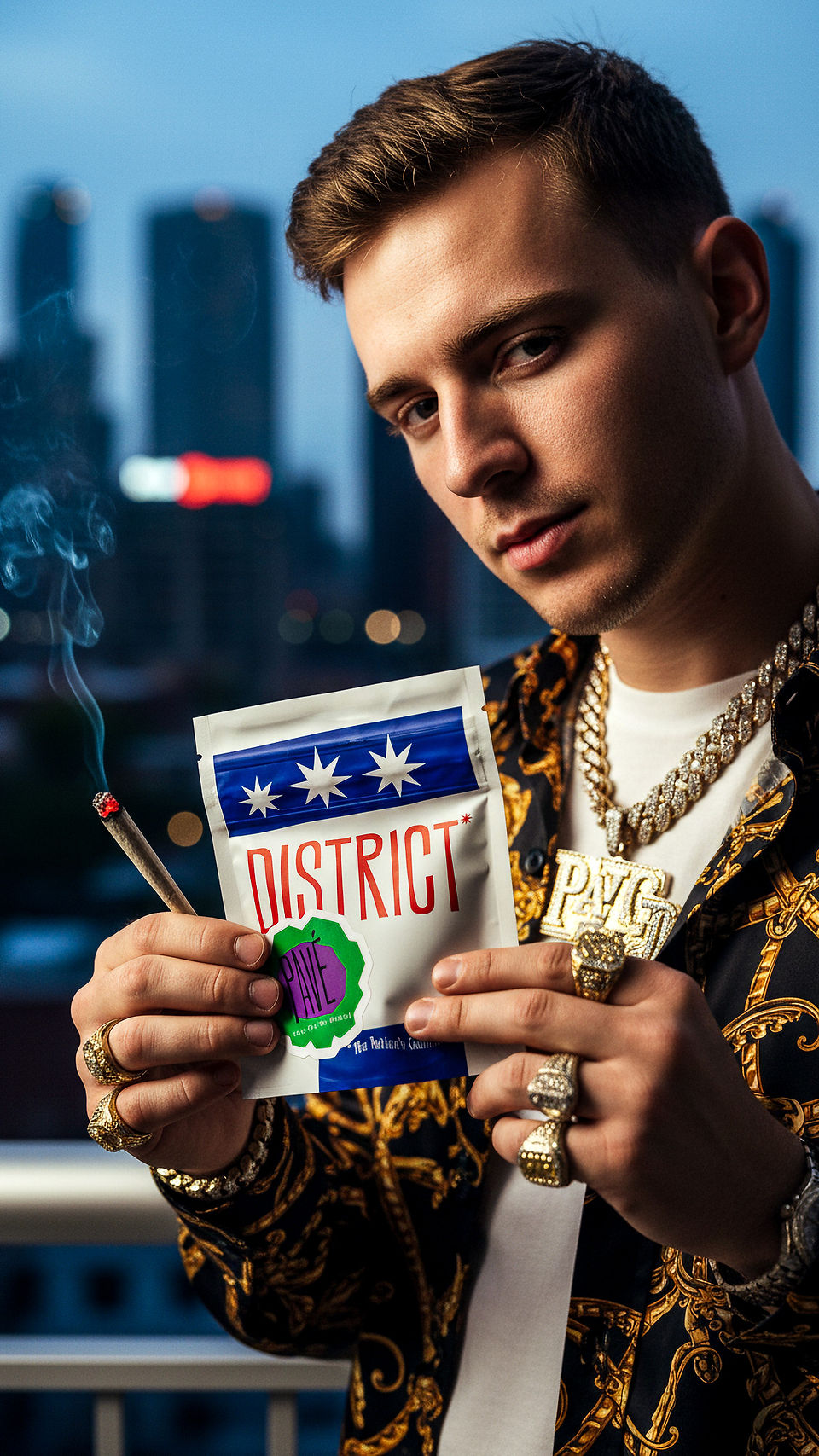 Luxury-themed lifestyle and product images showcasing District Cannabis Pavé, including models smoking and holding the product in upscale environments, along with studio shots of premium cannabis buds and branded packaging.