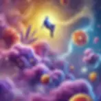 An artistic depiction of the effects of the Purple Obeah strain, featuring a floating figure surrounded by swirling purple clouds, golden light, and abstract elements of berries and citrus. The background is dreamy and ethereal, with stars and sparkling trichomes.