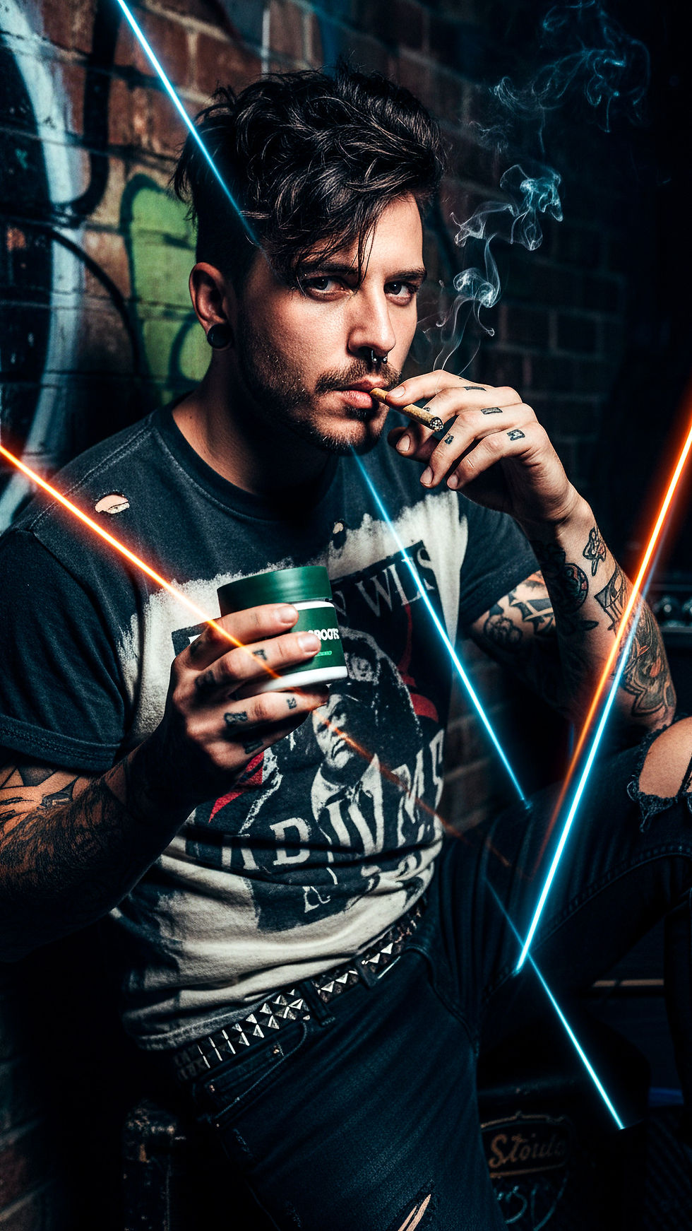 A tattooed man with a nose ring smokes a joint and holds a Grassroots cannabis jar. He sits against a graffiti-covered brick wall crossed by bright blue and orange laser beams.