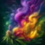 An artistic depiction of a cannabis terpene profile inspired by the Purple Obeah strain. The artwork features deep purple swirls representing Myrcene, bright yellow bursts symbolizing Limonene, and streaks of red and orange for Caryophyllene, all merging in an abstract, psychedelic style against a dark green and black gradient background with frosty trichome-like highlights.