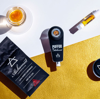 A collection of high-impact commercial cannabis product photographs featuring concentrates, hash, vape cartridges, and branded packaging from The Alchemist, Temple Hash, Eden, and Equity Extracts. The images utilize hard directional lighting, sharp shadows, and professional color blocking with gold, green, white, and dark backgrounds to showcase texture and brand identity."